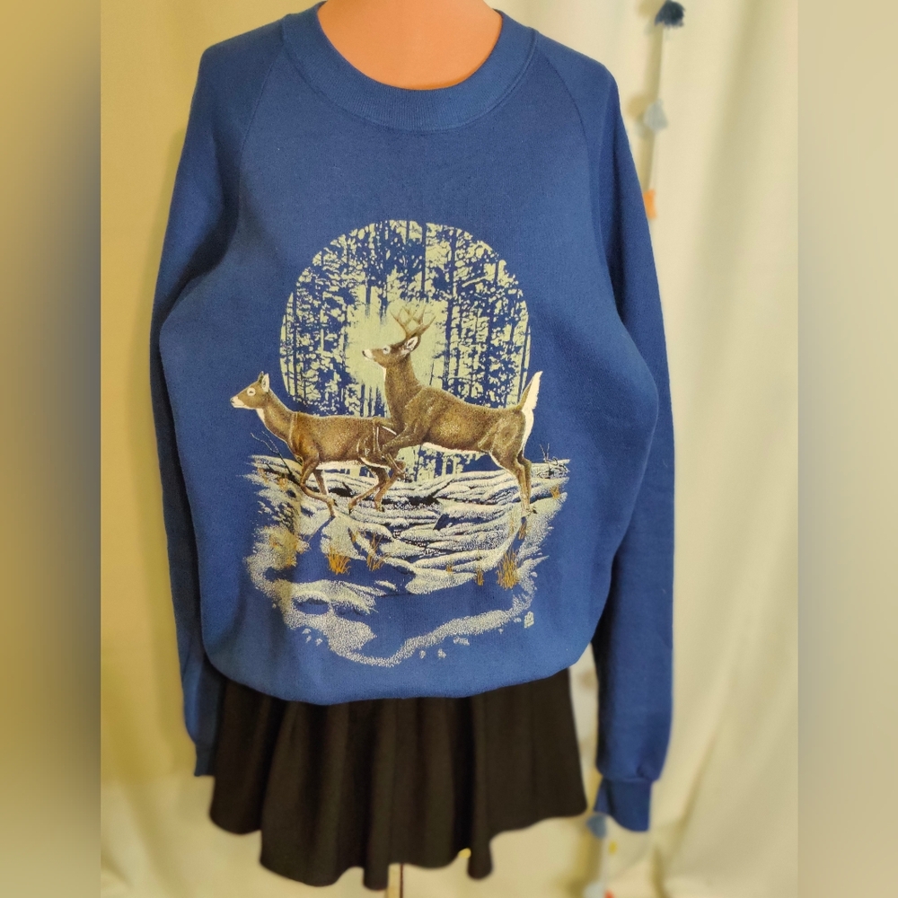 Vintage deer nature hunting Royal Blue 1990 Sweatshirt   Jerzees LG  Buck & Doe